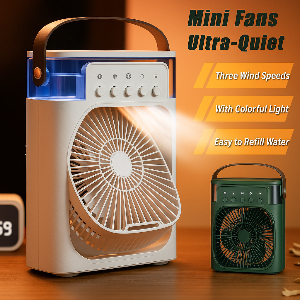 portable air conditioner fan | 3-in-1 Mini Air Cooler & Humidifier| USB Electric Fan with Water Mist | Small Desktop Cooling Fan for Room, Office & Home